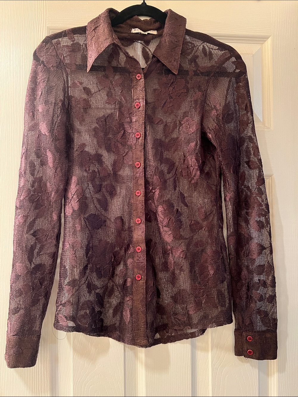bebe Sheer Floral Jacquard Button-Down in Brown